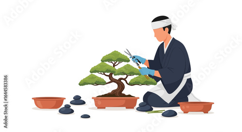 Bonsai artist carefully pruning a small tree to maintain its miniature form and shape meticulously