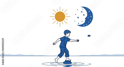 Cartoon illustration of a boy skipping stones from day to night transition concept