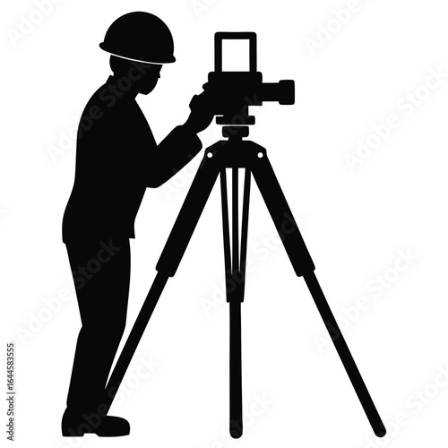 Surveyor operating optical instrument on tripod surveying