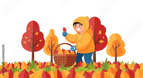 Cartoon illustration of a child collecting autumn leaves in a park with colorful trees