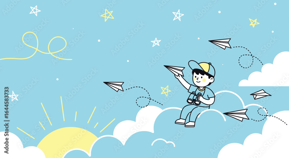 Naklejka premium Boy Imagining Journey Releasing Paper Plane Dreaming Of Adventures Cartoon