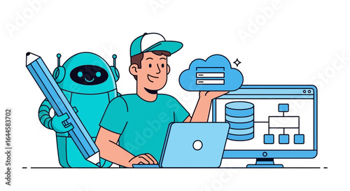 Cartoon illustration of a developer using cloud computing with assistance from AI robot design and software engineering