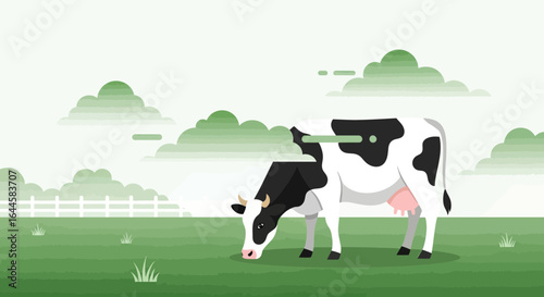 Cartoon illustration of a cow grazing peacefully in a lush green pasture under a cloudy sky