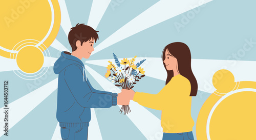 Boy Gives Girl Flowers Romantic Gesture of Love and Affection Scene