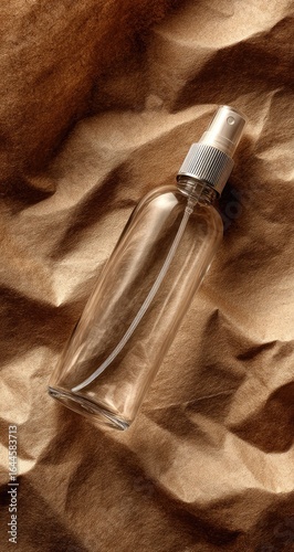 Empty glass spray bottle on craft paper, studio shot, product packaging mockup
