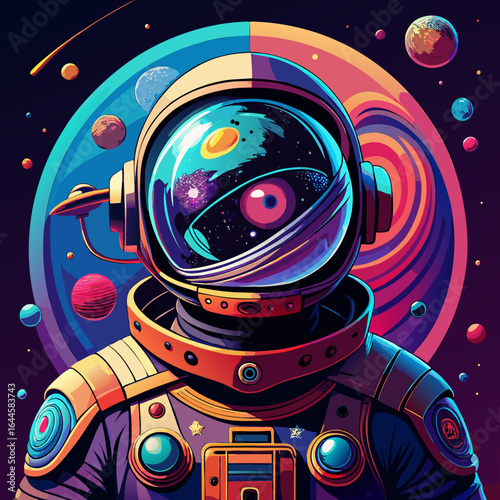 Vibrant astronaut explores colorful cosmic nebula, showcasing adventure and futuristic discovery in deep space.