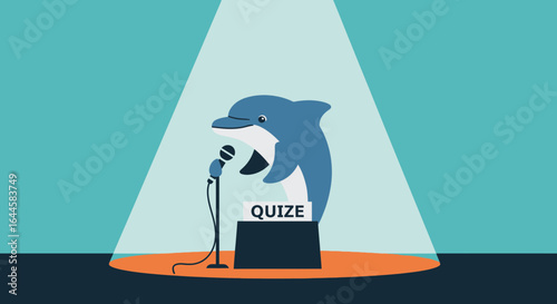 Cartoon illustration of a dolphin hosting a quiz show under spotlight with a microphone, flat design and vibrant colors