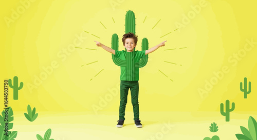 Boy in a green cactus costume pointing with yellow background representing growth and direction with light rays and desert vegetation