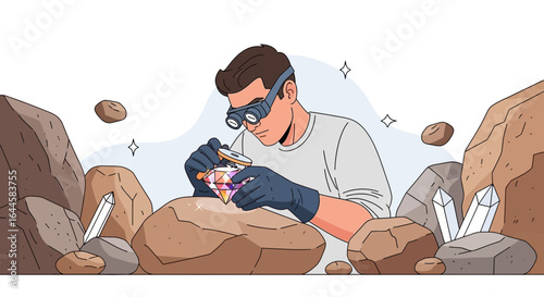 Cartoon illustration of a geologist inspecting a large gemstone in a rocky environment