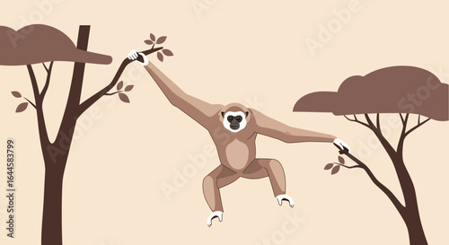 Cartoon illustration of a gibbon swinging from trees minimalist and stylized design with neutral tones and vector graphics showing wildlife