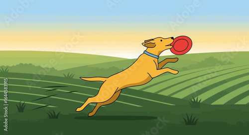 Cartoon illustration of a happy dog leaping to catch a frisbee in a field at sunset creating a sense of joy and playful energy