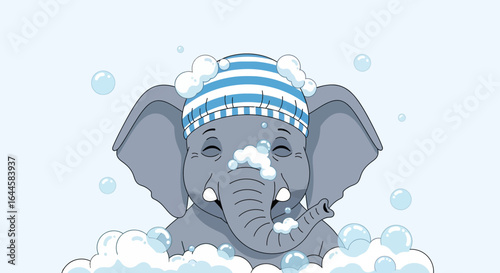 Cartoon illustration of a happy elephant taking a bubble bath, wearing a blue and white striped bath cap and smiling contentedly