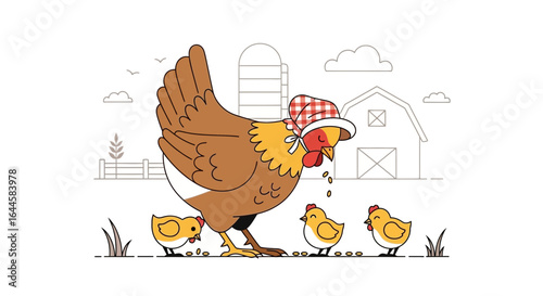 Cartoon illustration of a hen wearing a bonnet feeding her chicks in a farm scene with a barn