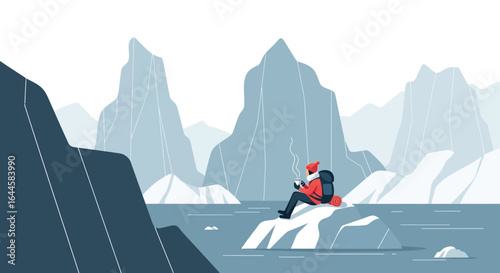 Cartoon illustration of a hiker resting with coffee in the arctic landscape scenery with snowy mountain peaks