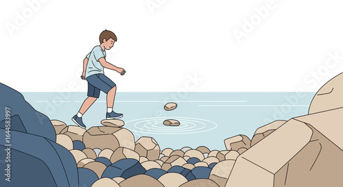 Boy Stone Skipping On Beach Stepping Stones Adventure Along Rocky Shore Illustration