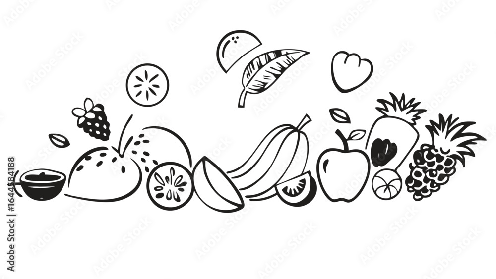 Hand drawn doodle outline set with papaya fruits. Sketchy black contour whole and part of fruits on white background. Ideal for coloring pages, tattoo