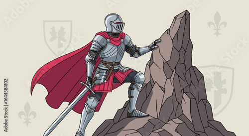 Brave Knight Climbing Rocks Holding Sword Preparing For A Medieval Battle