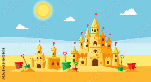 Bright Sunny Day At The Beach With Elaborate Sandcastle Constructions
