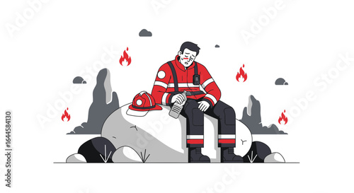 Burnout Firefighter Rests After Intense Rescue Operation In Arson Scenery