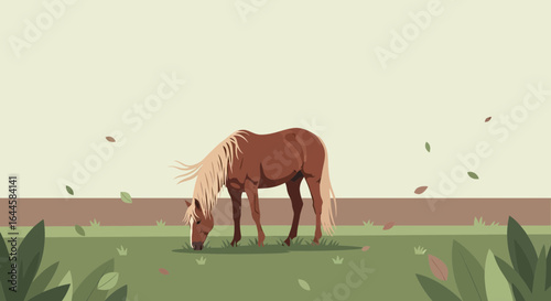 Brown Horse Grazing on Green Grass in a Flat Design Peaceful Landscape