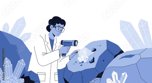 Cartoon illustration of a scientist analyzing crystals with a specialized device in a laboratory setting with precision equipment