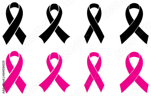 Cancer ribbon icon set on white background. The sign of cancer. Awareness ribbon signs collection. Vector illustration. Awareness ribbon icons vector design. Pink ribbon symbol of breast cancer