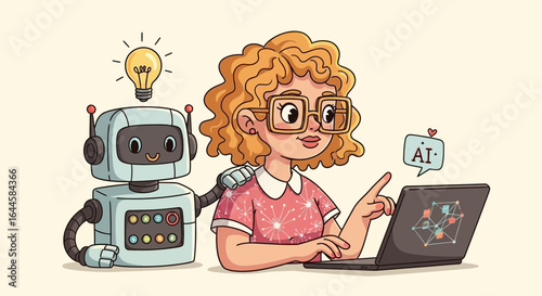 Cartoon illustration of a woman and a robot working together on artificial intelligence project