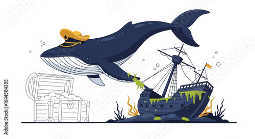 Cartoon illustration of a whale captain with a sunken ship and treasure chest background underwater adventure wildlife nautical themed