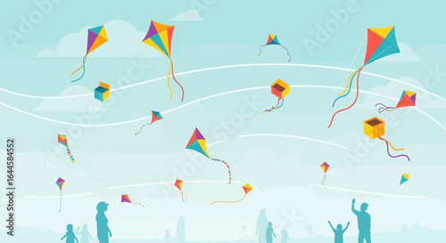 Cartoon illustration of children and adults flying colorful kites in a bright blue sky happy family enjoying outdoor activities together