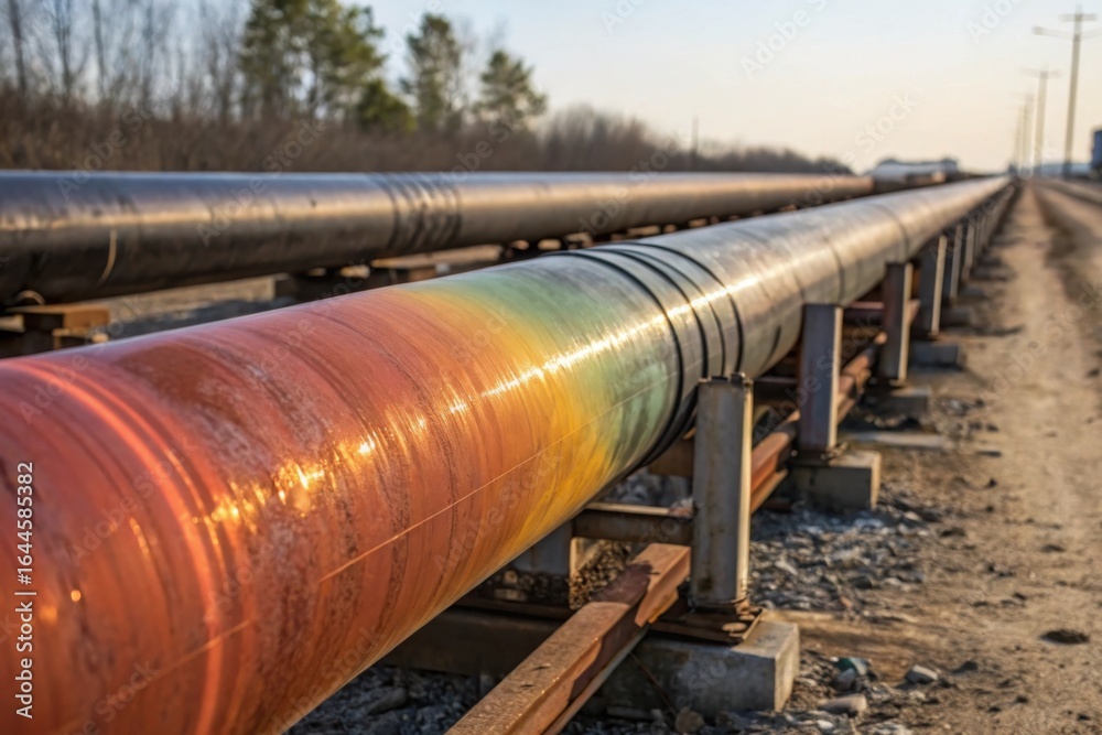 Naklejka premium Colorful pipeline stretching along a gravel road with trees in the background during sunset