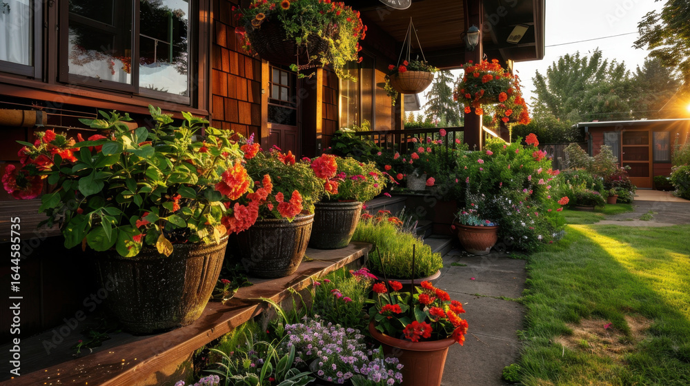 Fototapeta premium Beautiful garden scene featuring charming house with wooden porch adorned with vibrant flower pots. colorful blooms create warm and inviting atmosphere, perfect for relaxation