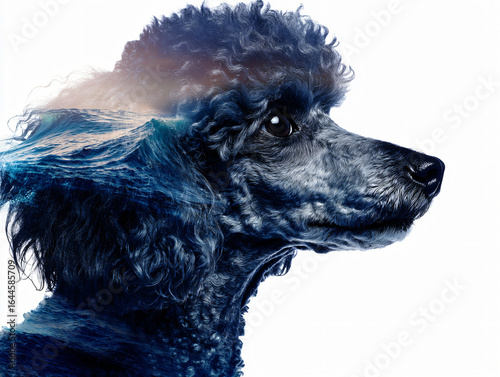 Blue Abstract Poodle Portrait Digital Art Design Dog Fluffy Curly Fur Nature Vibrant Colorful Water Waves Marine Animal Wildlife Unique Elegant Illustration Modern Surreal Expressionistic Texture