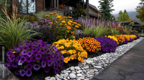 Wallpaper Mural Vibrant flower garden featuring purple and yellow blooms, surrounded by decorative stones and lush greenery, creating picturesque landscape. scene evokes sense of tranquility and beauty Torontodigital.ca