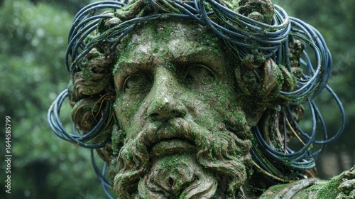 Ancient statue overgrown with moss and wires