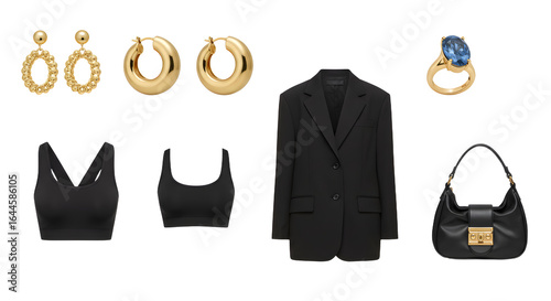 LIFESTYLE - Elegant black blazer and handbag with gold hoop earrings, blue gemstone ring, and black crop tops, stylish women's fashion accessories set