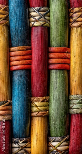 Colorful woven cane texture, close-up detail, background blurred, home decor