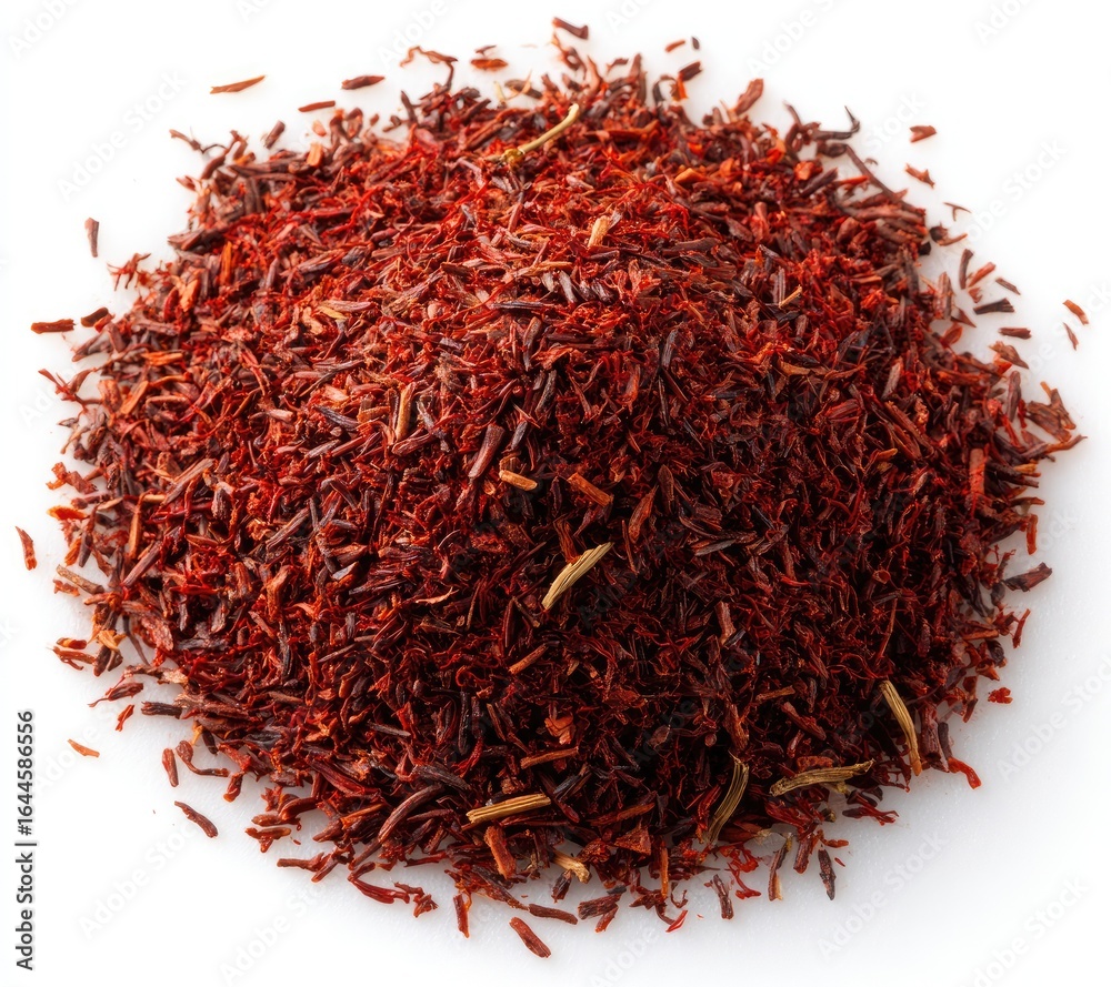 Obraz premium Pile of vibrant crimson-red dried, shredded herb or spice