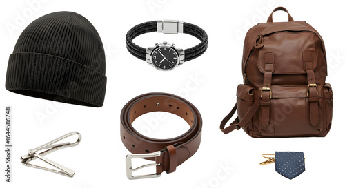LIFESTYLE - Flat lay of men's fashion accessories including black beanie hat, wristwatch, leather backpack, brown belt, tie clip, and blue polka dot tie on white background