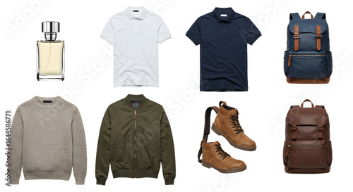 LIFESTYLE - Flat lay of men's fashion essentials with polo shirts, sweaters, jackets, boots, backpacks, and cologne for casual and outdoor style