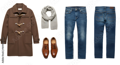 LIFESTYLE - Stylish men's outfit flat lay with brown toggle coat, blue jeans, brown leather shoes, and a light gray scarf on white background