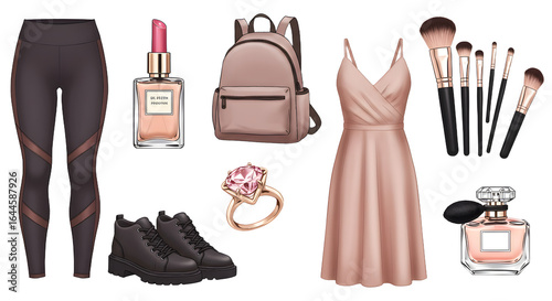 LIFESTYLE - Women's fashion items including leggings, dress, sneakers, backpack, makeup brushes, perfume, lipstick, and a ring in a flat lay composition