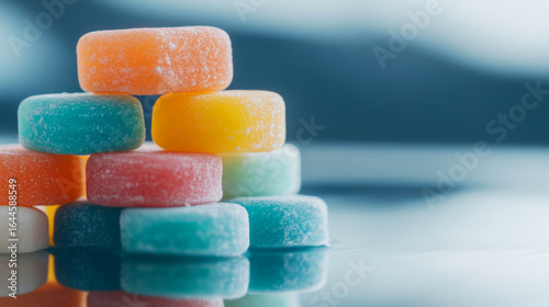 Colorful Candy Stacked in a Pile on a Reflective Surface with Soft Background Blur