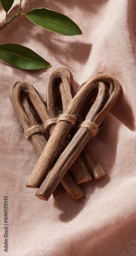 Dried plant stems, tied, pink fabric, sunlight, natural product, home decor