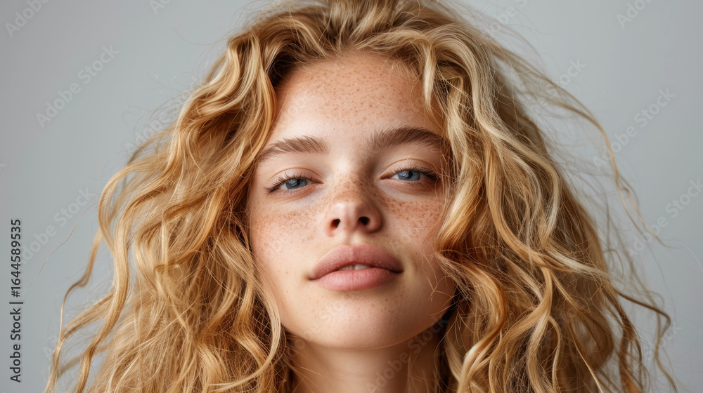 Fototapeta premium Natural beauty shines through in this portrait of young woman with curly blonde hair and freckles, exuding confidence and warmth. Her soft expression invites connection and admiration