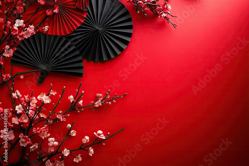 Red background with paper fans and blossoms (1)