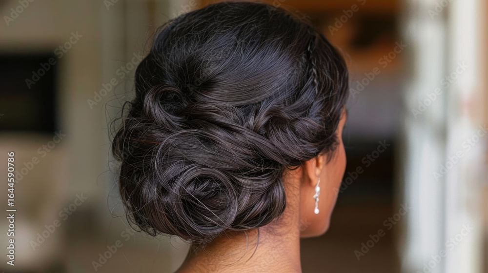 Naklejka premium Elegant updo hairstyle featuring intricate twists and curls, showcasing beautiful dark hair color. hairstyle is complemented by delicate earrings, perfect for formal occasions