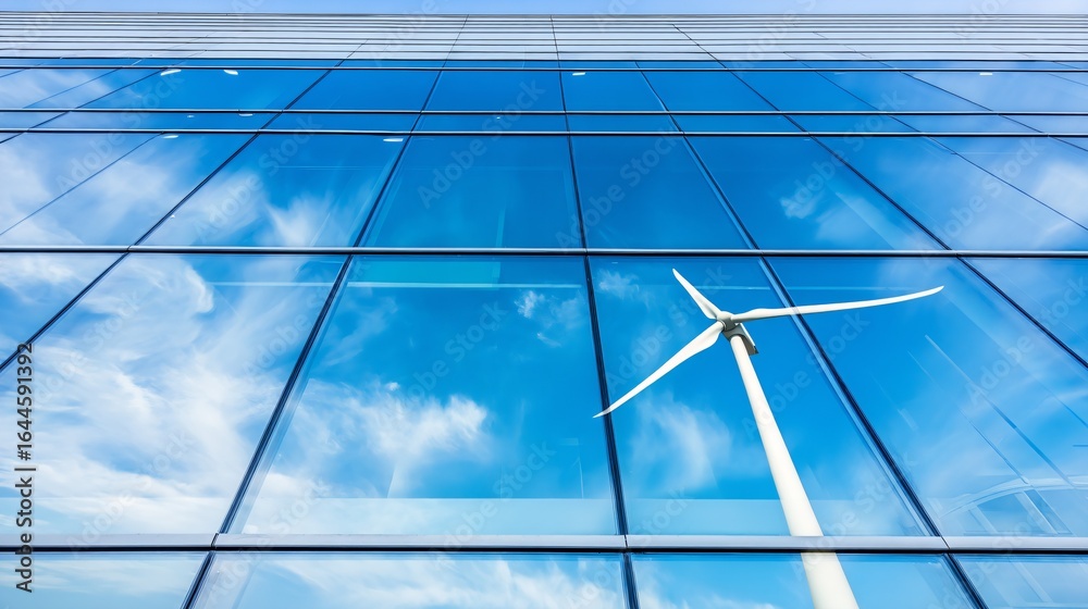 Fototapeta premium Green energy wind turbine reflected in the glass facade of a corporate skyscraper under a bright blue sky, symbolizing sustainable industry, renewable power, and eco-friendly urban development