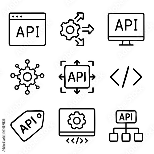 A set of doodle line icons related to API development, coding, software integration, and digital interface for tech projects