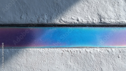 A horizontal iridescent strip on a textured wall