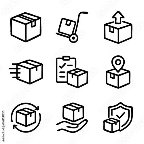 A set of doodle line icons showing parcel shipping, logistics, handling, and delivery process for e-commerce and courier services